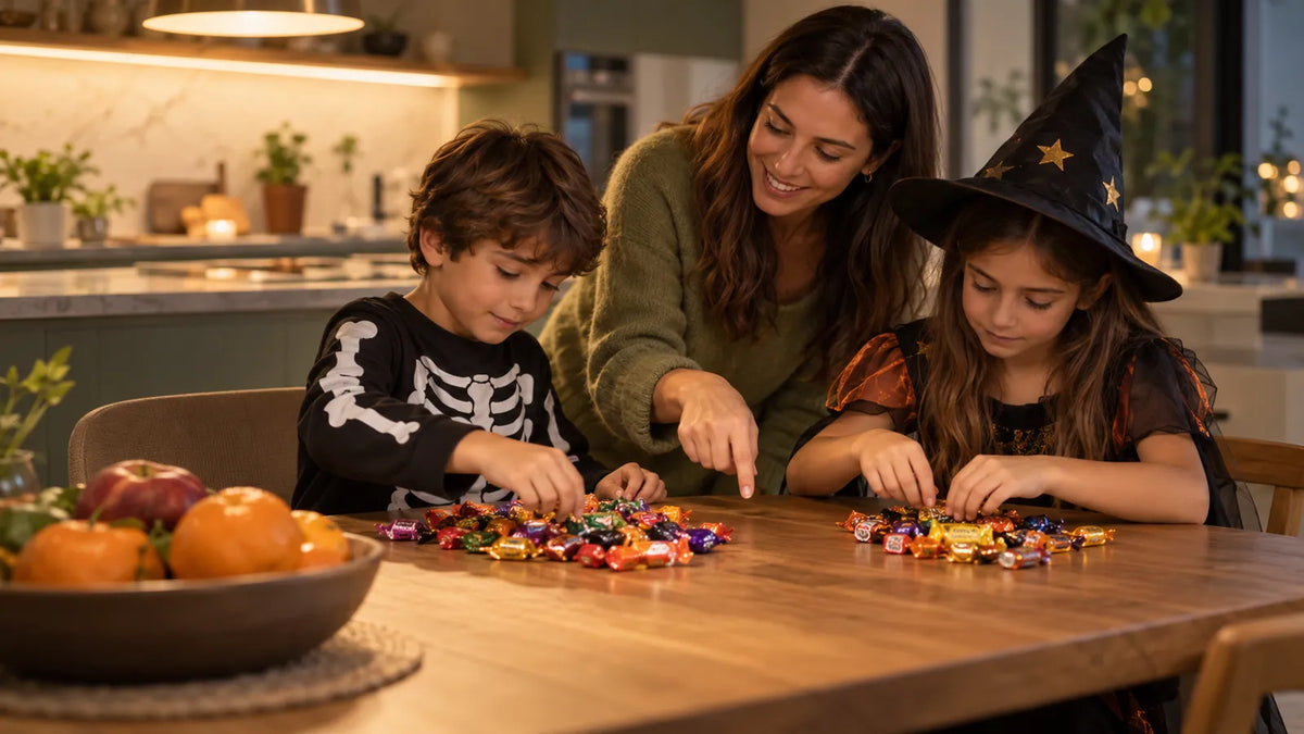 Madre con dos niños disfrazados de Halloween seleccionando dulces en la mesa de la cocina junto a un bowl de fruta, consejo de nutrición infantil Viesante Las Condes