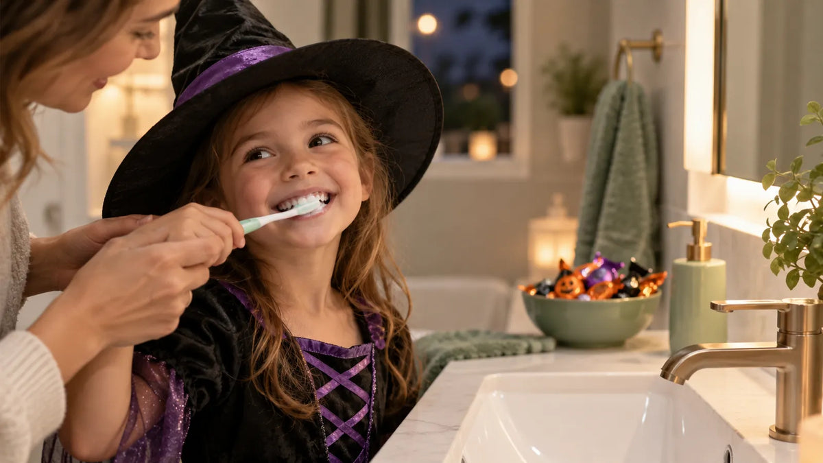Niña disfrazada de bruja cepillándose los dientes con ayuda de su madre la noche de Halloween, odontopediatría Dental Viesante Las Condes