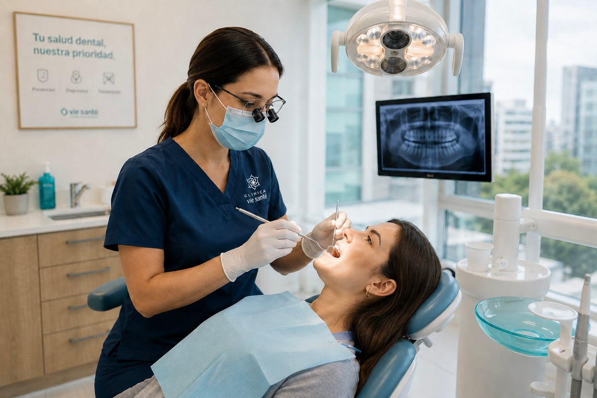 Odontóloga realizando una evaluación dental a una paciente