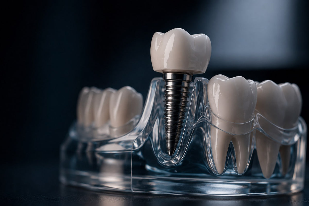 Modelo de implante dental de titanio sobre una arcada transparente