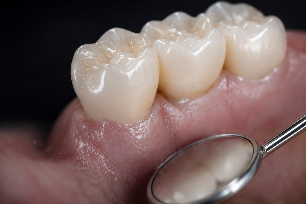 Detalle de coronas dentales instaladas en una rehabilitación oral