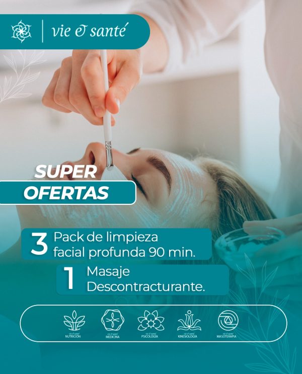 3 pack limpieza facial profunda + Masaje descontracturante